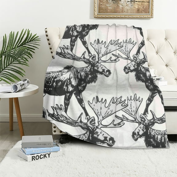 Qinduosi Moose Fleece Blanket Wild Animal Theme Sherpa Blanket for Chair Sofa Couch Cartoon Moose Plush Throw Blanket Breathable Gray Wildlife Style Room Decor Baby