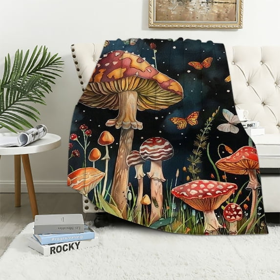 Qinduosi Mushroom Fleece Throw Blanket, Garden Plant Moon Butterfly Cozy Decor Nap Blankets Decoration Sofa Bed Couch Chair or Dorm Throws  inches