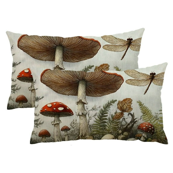 Qinduosi Mushroom Lumbar Pillow Covers 12 x 20 Set of 2 Mushrooms Plants Butterfly Throw Pillow Cover Vintage Botanical Decorative Pillowcases for Living Room Couch Bed Sofa Outdoor 12x20inch