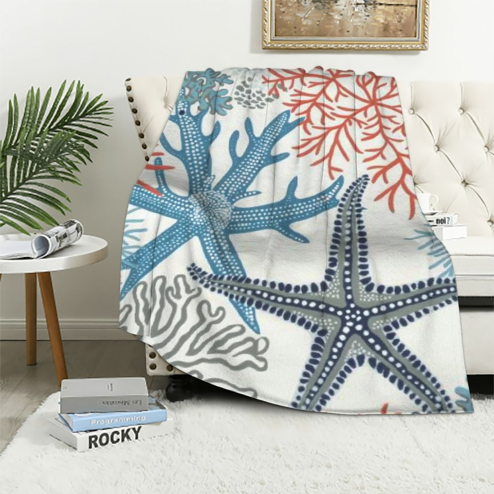 Qinduosi Nautical Blanket Starfish Coral Beach Themed Throw Blankets