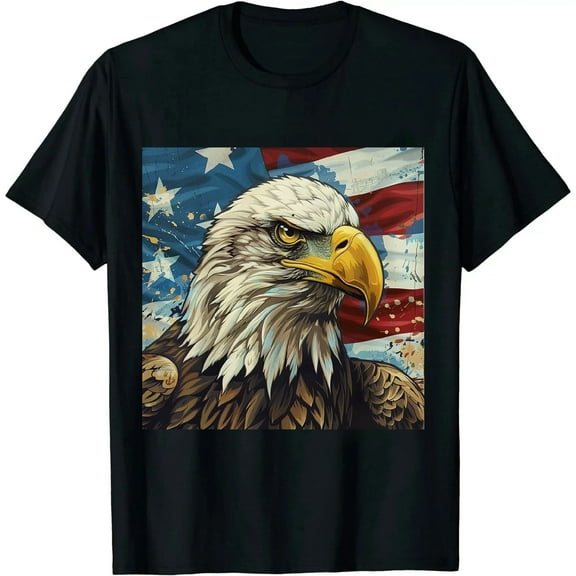 Qinduosi Novelty Eagle T-Shirts for Men American Flag Print Shirt with Short Sleeves Black