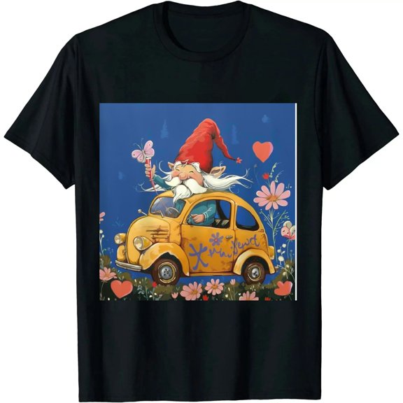 Qinduosi Novelty T-Shirt, Cute Love is in The Air with Gnome in a Car, Retro Valentine's Day Gift Black