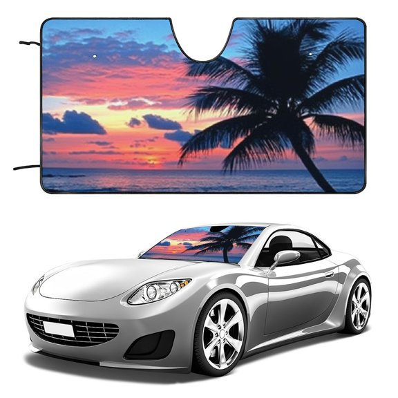 Qinduosi Palm Tree Print Windshield Blue Sunshade,Universal Standard Sun Shield UV Rays Sun Blocker Shield 51x28in