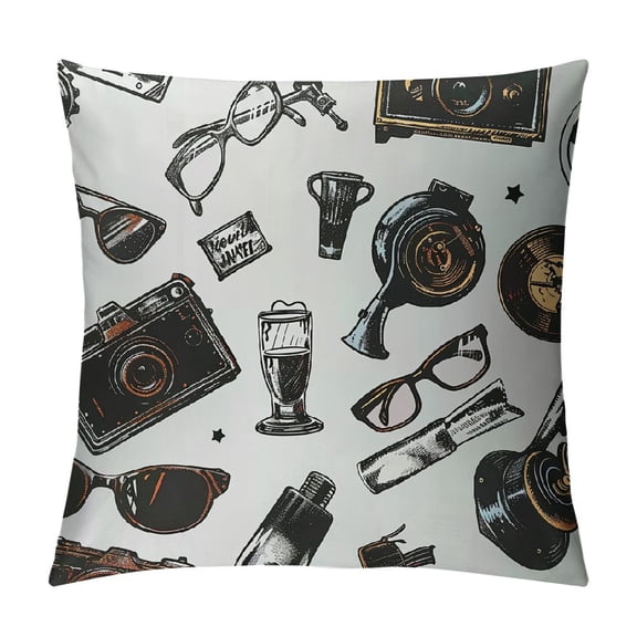 Qinduosi Pillow Cover,Vintage Theater Old Projector Reversible Throw Pillow Cover Case,Cartoon Movies Graffiti Square Cushion Cover White