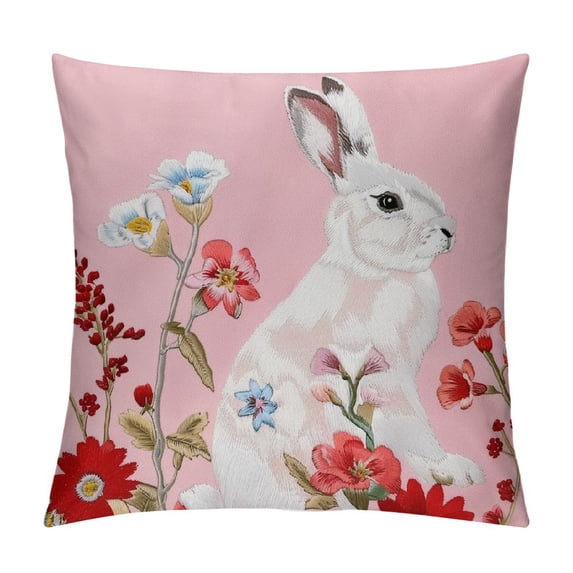 Qinduosi Pillow Covers of Cute Embroidered Bunny and Flower Easter Decor Pillow Case Spring Farmhouse Pillows Easter Decorative Pink Throw Cushion Cover White