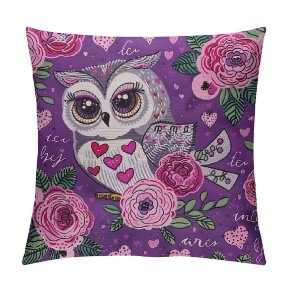 Qinduosi Pillow Covers Little Cute Owl and Flowers Pillow Cover Purple Pillowcover Soft Double Side Print Sofa Linen Square Throw Pillowcovers inch for Girls Friends Women