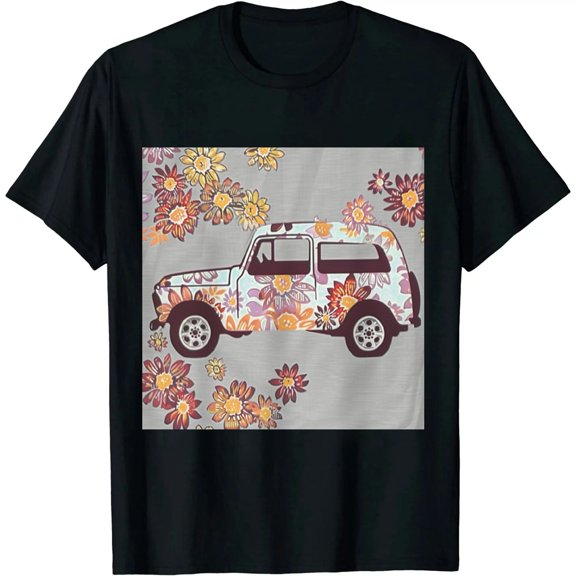 Qinduosi Plus Size T Shirt for Women Car Floral Print Summer Vacation Tee Shirts Vintage Country Music Crew Neck Shirts Tops Black