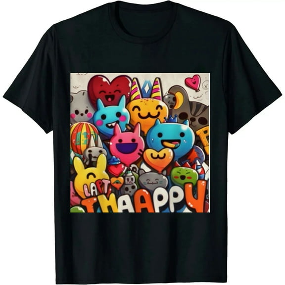 Qinduosi Print Short Sleeve T-Shirt Unisex Painting Graffiti Tees for Men Women Black