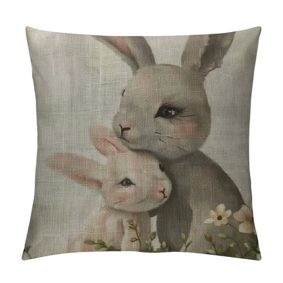 Qinduosi Rabbit Pillow Cover Cute Animal Hare Mom with Little Easter Bunny with Flower Leaves Throw Pillow Case Inch Linen Square Cushion Decorative Cover for Sofa Bed Grey White