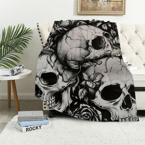 Qinduosi Rose Skull Halloween Themed Throw Blanket Soft Bed Bedding Warm Flannel Blankets Gifts for Kids Boys Teens Men, Sofa Living Room Bedroom Home Decor