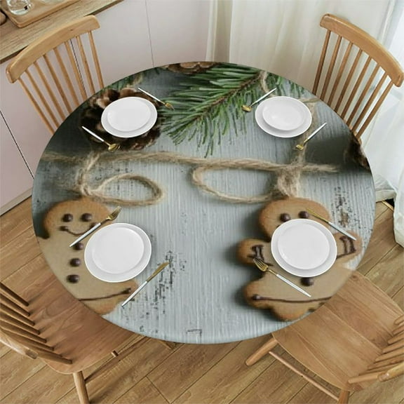 Qinduosi Round Fitted Tablecloth with Elastic Edged Christmas Gingerbread Wood Table Cover Polyester Washable Table Cloth for Indoor Outdoor Party Wedding Use 31"-35