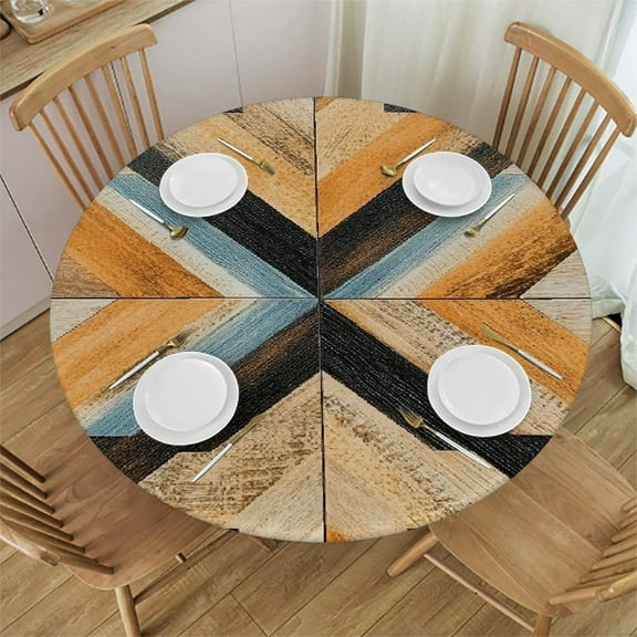 Qinduosi Round Tablecloth Boho Table Cover Wood Texture Round Outdoor Tablecloths Waterproof Round Fitted Tablecloth with Elastic Table Cloth Round Cover for Outdoor/Indoor 31"-35