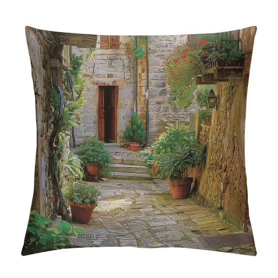 Qinduosi Scenery Throw Pillow Cushion Cover, Landscape from Another Door Antique Style Stone Village Italian Valley, Decorative Square Accent Pillow Case, White