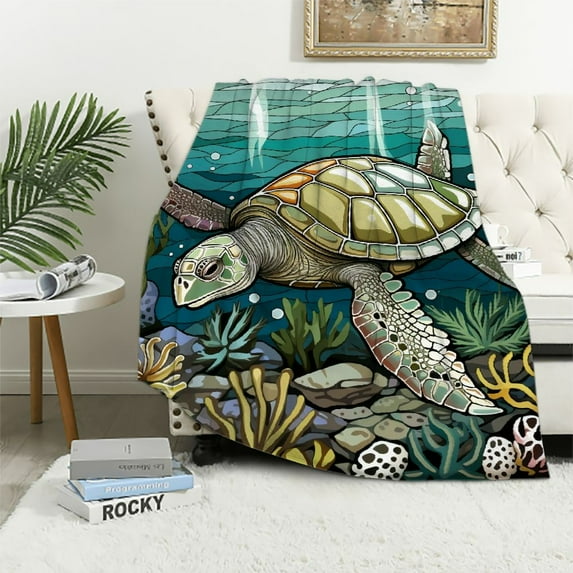Qinduosi Sea Turtle Throw Blanket Gifts for Women Girls Kids, Vintage Ocean Animal Theme Decor for Couch Bed Sofa Travelling Camping, Birthday Christmas Soft Cozy Lightweight Blankets