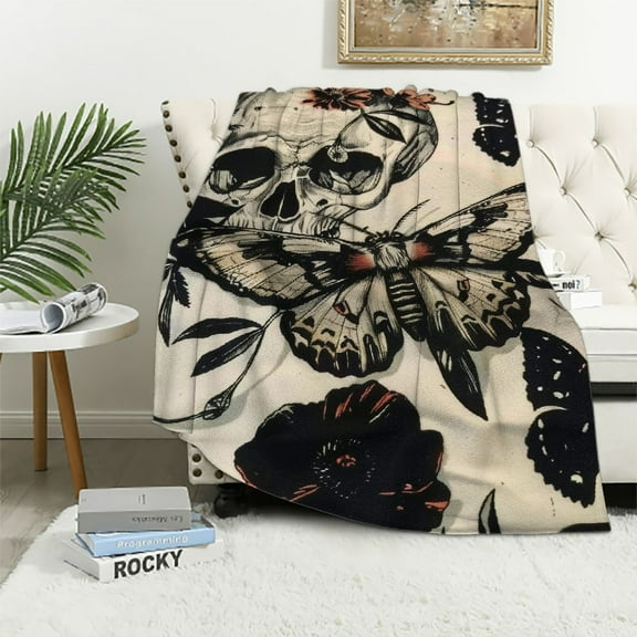 Qinduosi Skull Blanket Decorative Death Moth and Flowers Plush Blanket for Bed Sofa Couch Decor Pesonalized Skeleton Bones Throw Blanket Black Cream Fuzzy Blanket