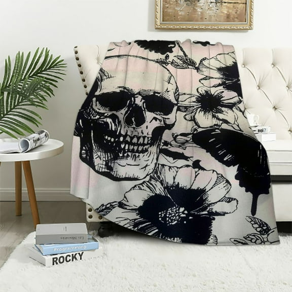 Qinduosi Skull Blanket Decorative Death Moth and Flowers Plush Blanket for Bed Sofa Couch Decor Pesonalized Skeleton Bones Throw Blanket Black Cream Fuzzy Blanket Throw