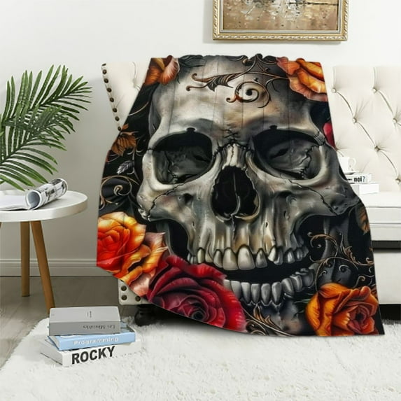 Qinduosi Skull Blanket Gifts for Kids Adults Soft White and Black Skulls Rose Floral Blankets for Bed Living Room Sofa Birthday Decor in
