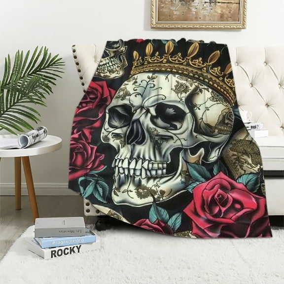 Qinduosi Skull Blanket Rose Mexican Crown Skull Halloween Throw Blankets Decor Soft Cozy Air Conditioning Flannel Fleece Bed for Sofa Couch Camping Travel Bedding Gifts All Season Birthday Men/Women