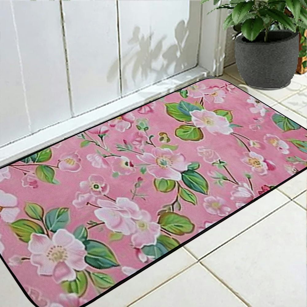 Qinduosi Spring Floral Welcome Mat Front Door Mat, Non-Slip&amp;Absorbent Indoor Door Mats, Durable Rubber Backing Floor Doormat for Entryway, Patio, Porch, Pink 19.68*47.24 in