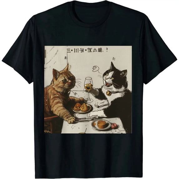 Qinduosi Streetwear Japanese Harajuku T-Shirt Funny Drunk Cats Printed Men Casual Cartoon Graphic Tee Shirt (Beige, Medium) Black
