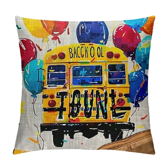 Qinduosi Student Gift Back to School Colored Pens Yellow School Bus Square Pillowcase Decorative Throw Pillow Cover Cushion Case Material for Bed Sofa Classroom White