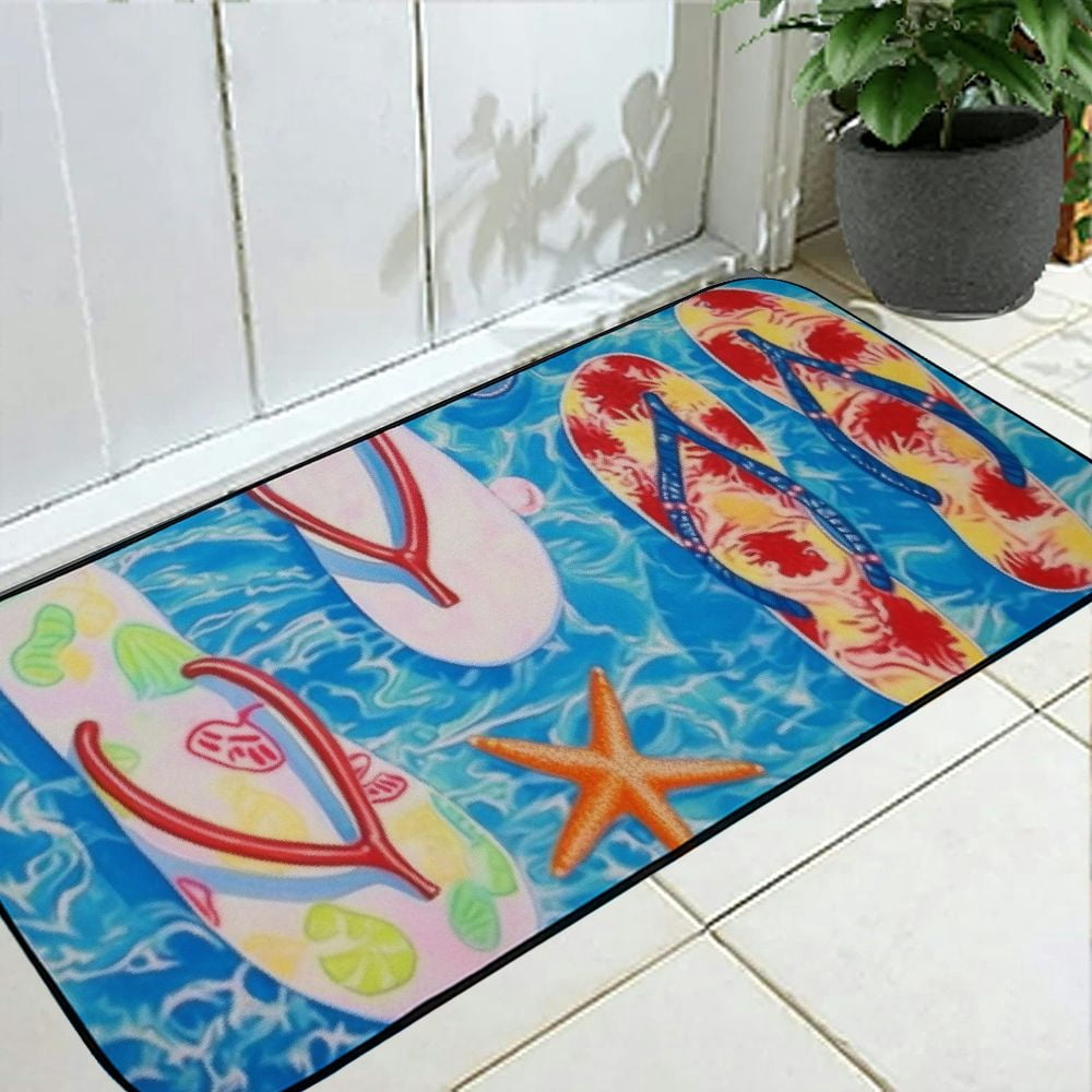 Qinduosi Summer Flip Flops Door Mat, Beach Outdoor Doormat for Entryway Nautical Indoor Entrance, Non Slip Doormat Rug with Rubber Backing, Absorbent Ocean Areas Mats Outside Patio Home 19.68*47.24 in
