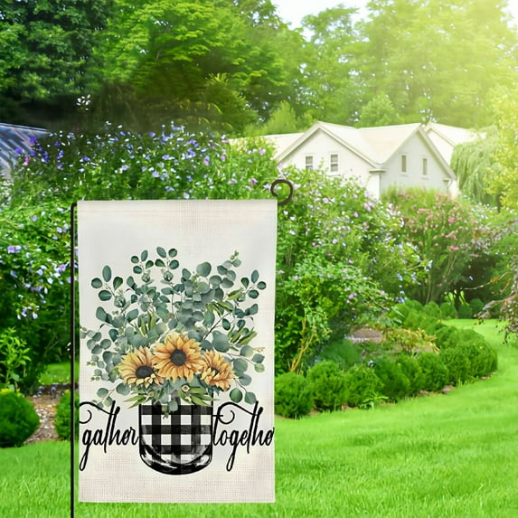 Qinduosi Sunflower House Flag Vertical Double Sided Sunflowers with Buffalo Plaids Flower Vase Decorative Summer Farmhouse House Banner Garden Flags for Yard Gather Together Saying Outdoor Decorations