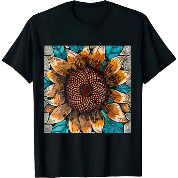 Qinduosi Sunflower Shirts for Women Cute Graphic Tshirt Turquoise Shirts Letter Print Funny Tee Black
