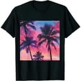 thumbnail image 1 of Qinduosi Sunset Palm Tree Shirt for Women Summer Short Sleeve Beach Tops Black, 1 of 3