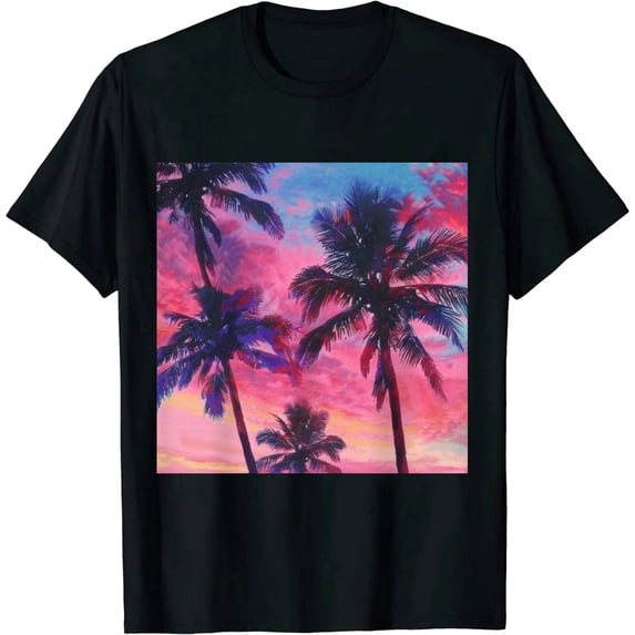 Qinduosi Sunset Palm Tree Shirt for Women Summer Short Sleeve Beach Tops Black