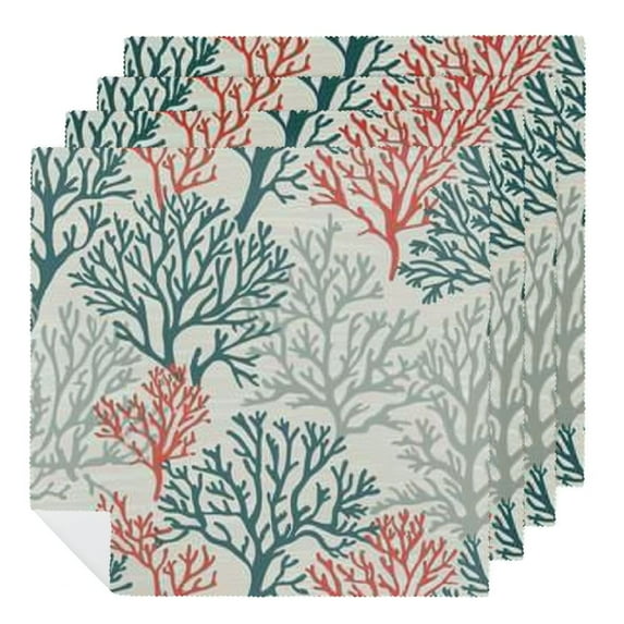 Qinduosi Teal Grey Coral Coastal Cloth Napkins Reusable Dinner Napkins, Summer Beach Seaside Nautical Cocktail Napkin Washable Table Napkins for Wedding/Holiday Party/Baby Shower 2 PCS