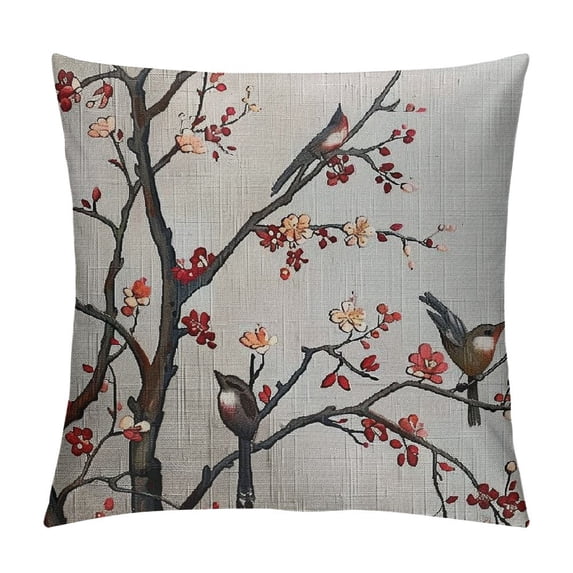 Qinduosi Throw Pillow Cover, Flowers Buds and Birds with Cherry Branches Style Art Painting Effect Decorative Pillow Case Linen Cushion Cover Decor Inch Pillowcase for Home White