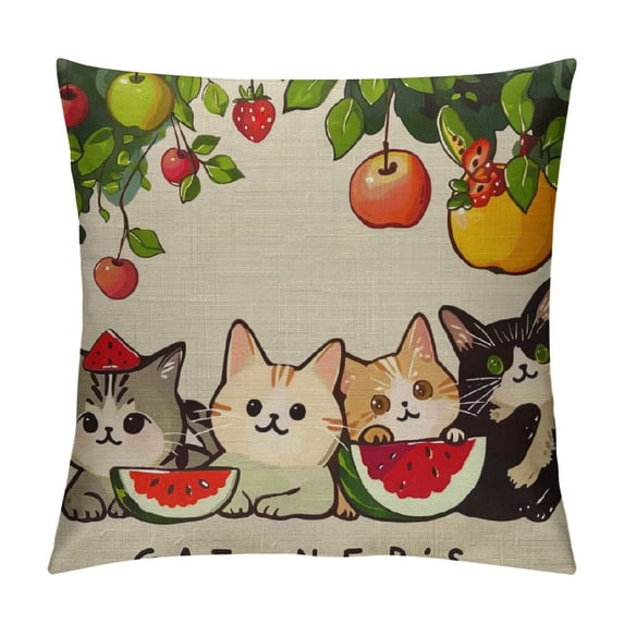 Qinduosi Throw Pillow Cover Sweet Summer Fruit Cat Pillow Covers Pillowcovers Soft Double Side Print Sofa Linen Square Throw Pillowcover " inch for Living Room Bedroom Car Decor