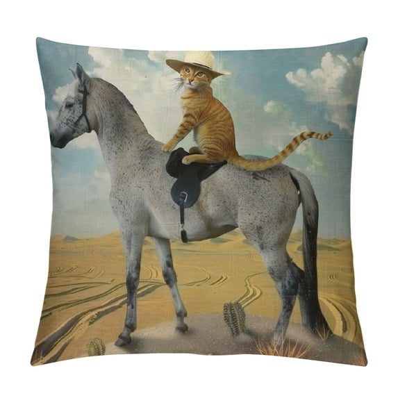 Qinduosi Throw Pillow Cover The Cat Riding a Horse is in The Desert Among Decorative Pillowcase Square Throw Pillow Case Home Couch Decor Cushion Cover White