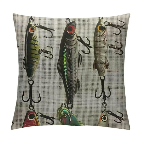 Qinduosi Throw Pillow Covers Fishing Various Type of Fishing Baits Hooks Image Multi Decorative Square Pillowcases Cushion Cover White