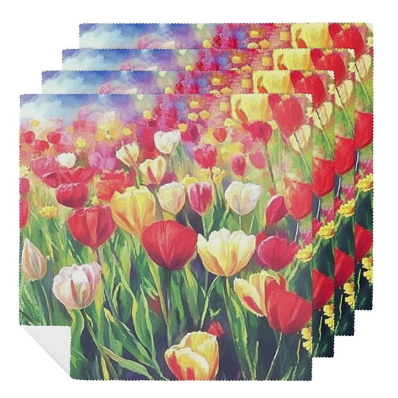 Qinduosi Tulips Flowers Blossom in The Meadow Cloth Napkins Polyester Floral Dinner Napkins for Dining Special Occasions Parties Mothers' Day 4 PCS