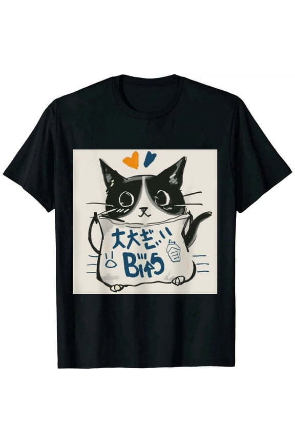 Unisex Cartoon T-Shirts Harajuku Kawaii Cat Letter Printed Short Sleeve Tees Couple Loose Clothes Tops Black