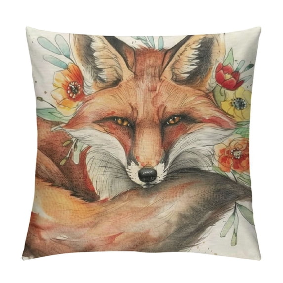 Qinduosi Watercolor Painting Cute Little Fox Flower Stylish Printed Throw Pillow Case Home Decor Bed Sofa Double Side Print Soft Square Cushion Cover with  White