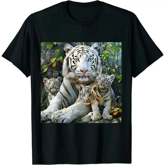 Qinduosi White Bengal Tiger & Baby Cubs Light Blue T-Shirt Black
