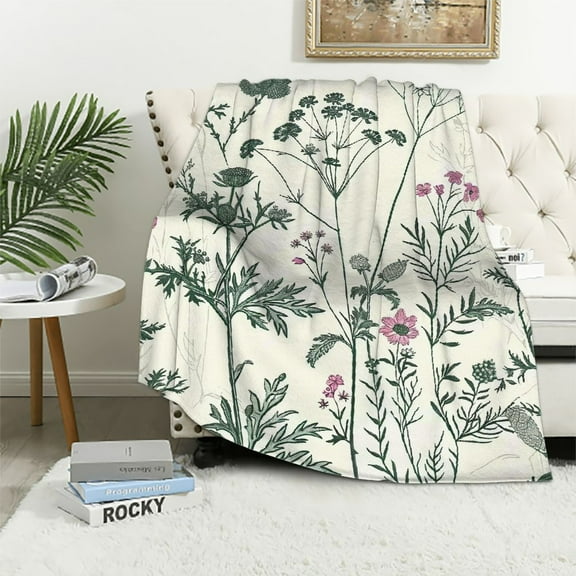 Qinduosi Wildflower Botanical Floral Blanket Vintage Colorful Flowers Print Herbs Sage Green Leaves Throw Blankets Gifts for Women Girls for Bed Room Couch Decor Soft Lightweight Warm Cozy in