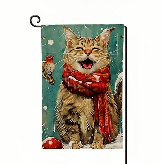 Qinduosi Winter Cat Garden Flag Vertical Double Sided Snow Christmas Holiday Outside Decorations Yard Flag White