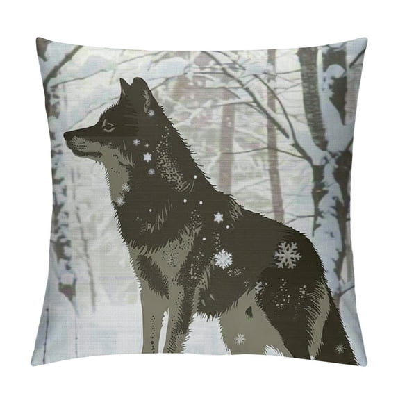 Qinduosi Winter Throw Pillow Cushion Cover, Howls in Woods Leafless Trees Snowflakes , Decorative Square Accent Pillow Case, ", Green Eggshell White