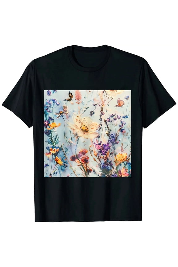 Women Vintage Boho Moon Moth Flower Butterfly Floral Graphic Tees T s Black