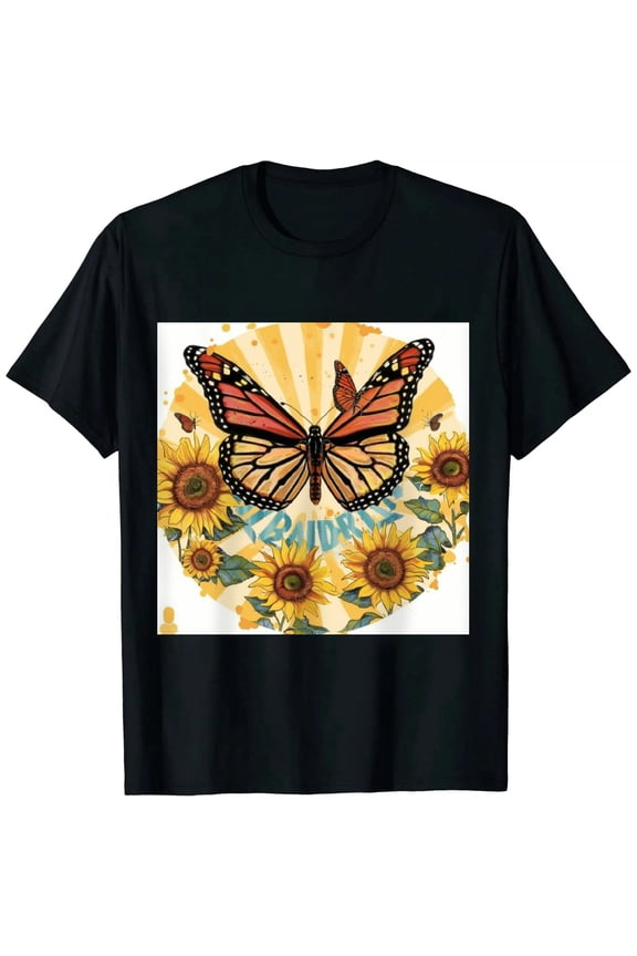 Women's Boho Butterflies Shirts Moon Moth Flower Tshirt Print Tee Nature Lovers Tops Black