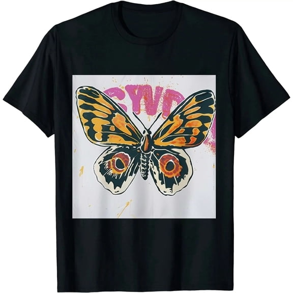 Qinduosi Women’s Butterfly T-Shirt Oversized Graphic Tees Loose Shirt Cute Flower Print Summer Short-Sleeve Crewneck Top Black