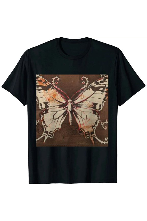 Women's Casual Round Neck Short Sleeve Top Butterfly Print Drawstring Side Crop T Shirt Black