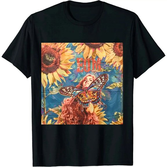 Qinduosi Women's Retro Throwback T-Shirt Summer Short Sleeve Casual Cute Fun Butterfly Sunflower Print Graphic Tee Tops Black