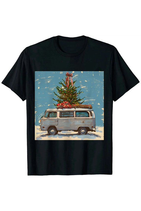 Women's Shirts Time to Spruce Things Up T-Shirt Vintage Car Christmas Tree Short Sleeve Top Black