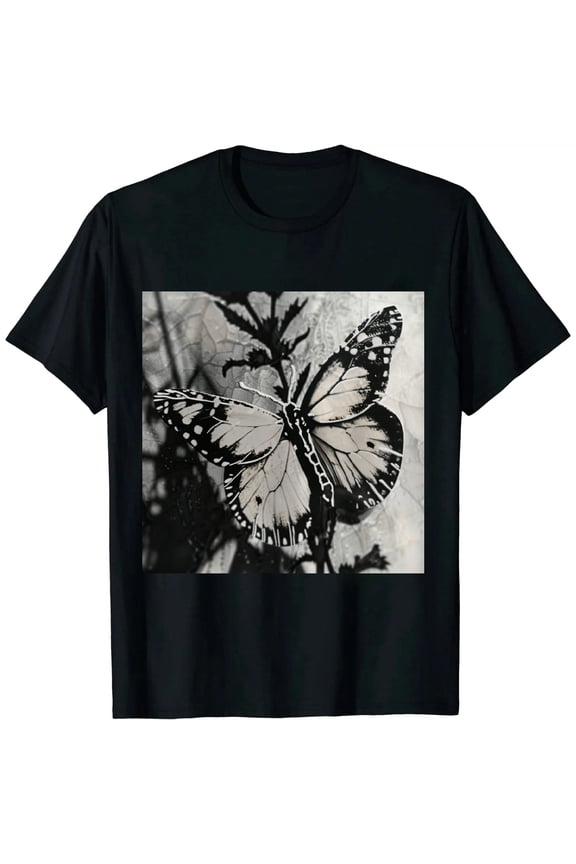 Women's Short Sleeve Crewneck Shirts Oversize Tee Sun and Butterfly Graphic T-Shirt Black