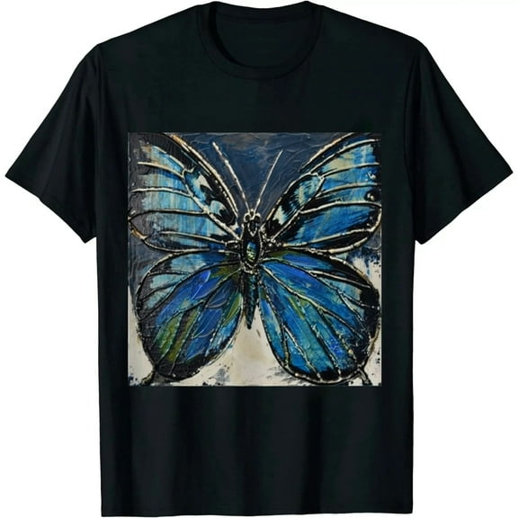 Qinduosi Women's Summer Butterfly Oil Painting Tops V-Neck Short Sleeve Cute Casual Graphic Tee Shirts Black